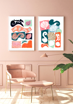 A modern peach interior decor displaying 2 fun, colourful abstract shell art prints