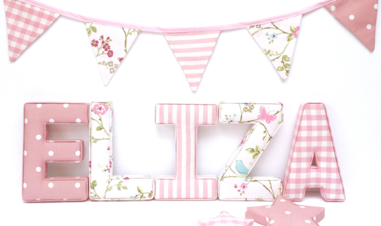 Handmade fabric letters, shapes and bunting for a nursery or children's bedroom