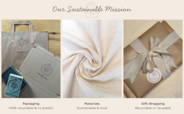 The Orchard Embroidery Company's sustainable mission, pictures of eco packaging and wrapping, and hemp cloth.