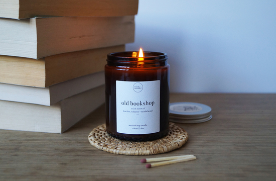 wick and wonder not on the high street old bookshop cover soy candle