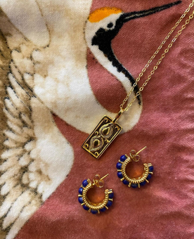 Gold Tyche Necklace & Lapis Lazuli Hoop Earrings