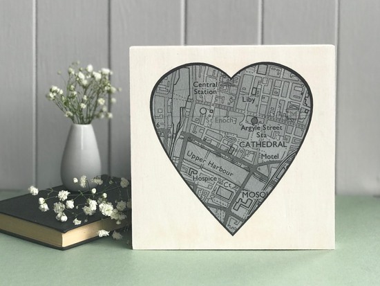 Customised Heart Shaped Map printed on wood