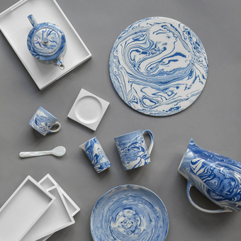 Nom Living Marbled Blue & White Tea Mug, Plate, Water Jug
