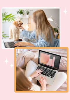Image shows the design process of Kitty working on digital illustrations with her dog 