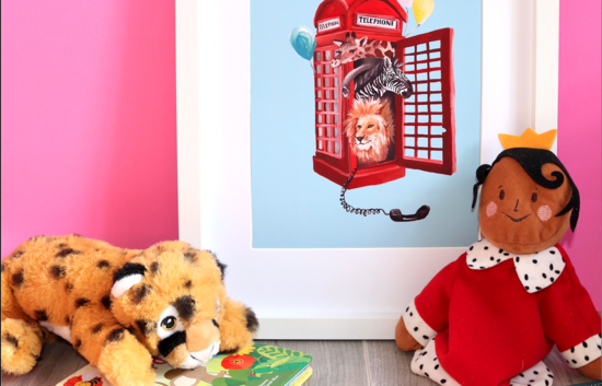 Hand-painted London phone box illustration, with safari animals. On pink background behind teddy and puppet. 