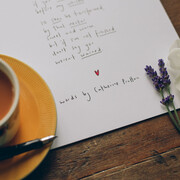 'Tea' poem by Catherine Prutton, with teacup and lavender