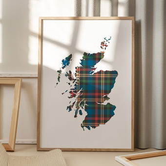 An image of a colourful tartan map of Scotland print