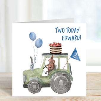 Birthday card with cute bunny on tractor, personalized with name and age. Perfect for kids' birthdays