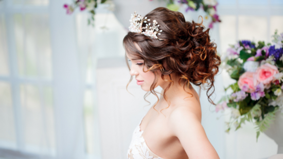 Bride wearing pearl tiara