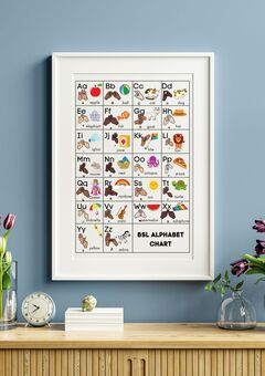 an a4 print of an English Alphabet with BSL handshapes next to each letter and a corresponding nursery image