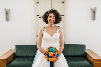Cathy from The Origami Boutique with colourful wedding bouquet