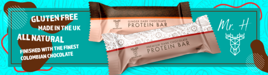 Mr. H Bars website banner. Gluten free, made in the UK, all natural, sustainable chocolate