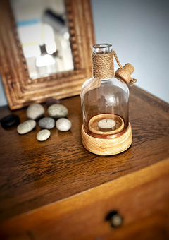 Gin Bottle Tealights - A Real Gin Bottle cut in half on a handmade woodturned base