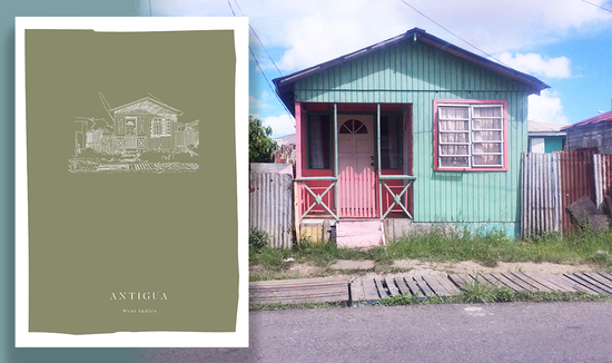 A print from the Fiona's Notes collection overplayed on a photograph of a brightly painted house in the Caribbean