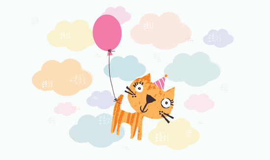 cat with balloon floating through clouds