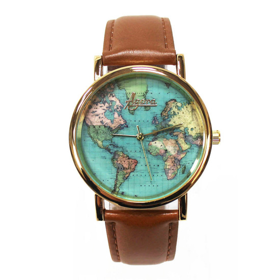 World Map watch with genuine leather straps