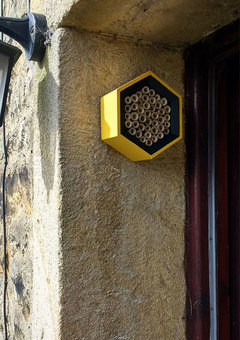 A yellow & black honeycomb bee house mounted on a brick wall
