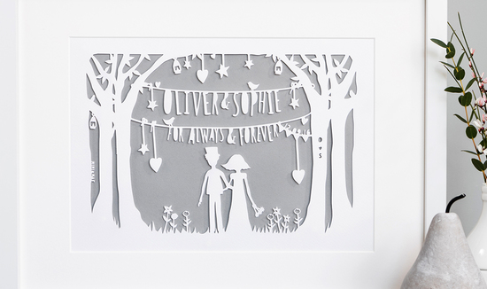 Personalised wedding papercut in ivory