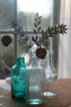  Selection of wildflowers and grasses displayed in glass bottles 