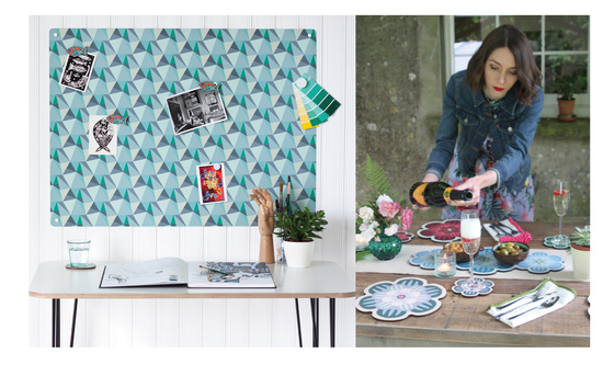 'Shards' design magnetic notice board in 'Ocean' colour way and Succulent design placemats and coasters