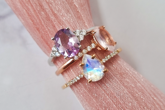 Vianne Jewellery Lavender Amethyst Ring Rainbow Moonstone Ring and Rose Quartz Ring