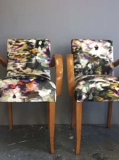 A pair of French Bridge Chairs covered in Kanzai Romo velvet.