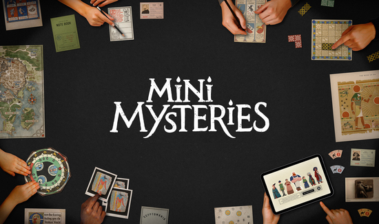 Mini Mysteries logo surrounded by components from the game