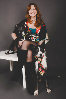 Geraldine Murphy of Saba Jewellery with her two rescue dogs, Murf, a Border Collie and Winnie, a cute black Whippet