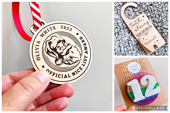 A collage of photos including a Santas nice list medal, a tooth fairy door hanger and a rainbow birthday badge.