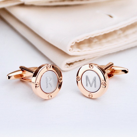 Personalised Silver and Rose Gold Round Porthole Cufflinks with Initials
