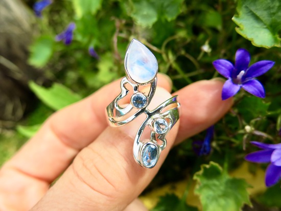 Rainbow Moonstone With Blue Topaz Sterling Silver Ring