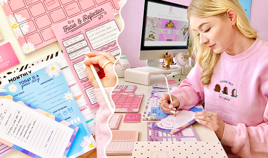 a blonde girl working at her desk surrounded by notepads, to do lists and notepads. an image on the left is a flat lay of a close up of all the stationery. 