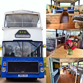 A OLD DOUBLE DECKER BUS WE UPCYCLED USING RECLAMIMED MATERIALS