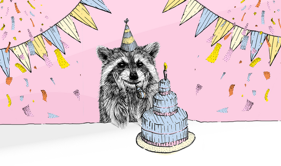 A drawing of a raccoon celebrating their birthday
