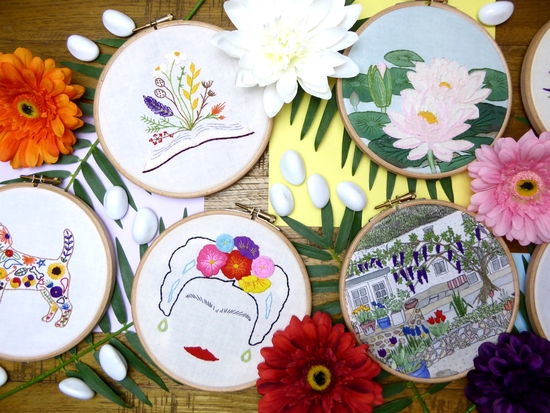 collection of finished embroidery hoop designs