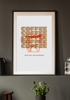 Illustrative print with a fun coffee character and the words COFFEE repeated