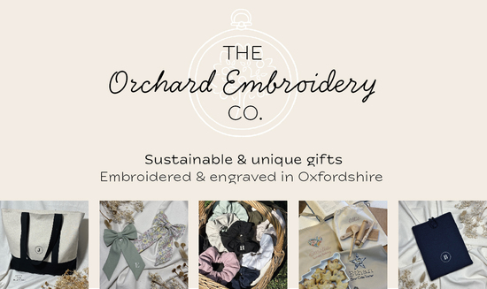 The Orchard Embroidery Company logo, featuring 5 images of the items the small business makes, including a linen tote bag, girls' hair bows, linen scrunchies.