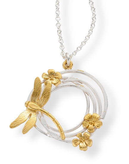 Round silver pendant with gold dragonfly and 3 flowers