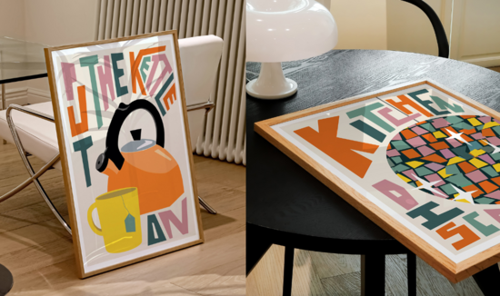 Cover image of a colourful art print featuring a kettle, mugA cover image features 2 images put the kettle on and kitchen disco. All on a beige background.