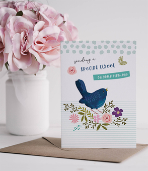 A pretty birthday card featuring a handprinted bluebird - available at Not on the High Street