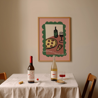 Illustrated wine and pizza print.