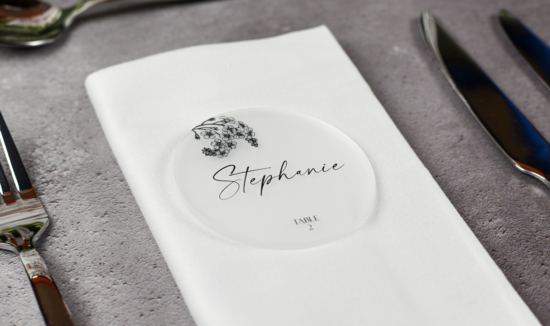 Wedding Place Setting with clear acrylic sign printed with the name Stephanie in black with flower detail and table number