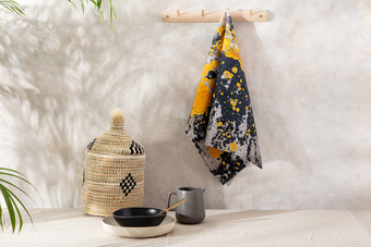 black and yellow tea towel, global inspired basket 