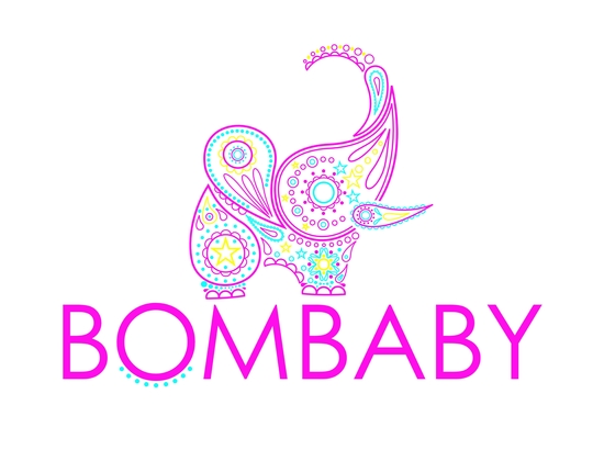 Bombaby logo with pink indian elephant, scallops and stars.