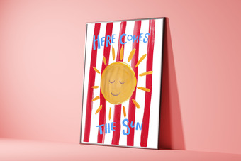 hand painted sun on red and white stripes with blue typography song lyrics