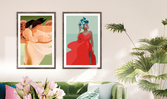 Premium wall art prints with stylised women in bold beautiful colours