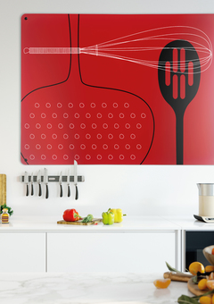 Utensils Magnetic Board - Metal Wall Art Panel in Red. Perfect for adding a pop of colour in the kitchen.