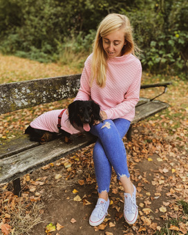 Wearing our matching baby pink polo knit jumpers!
