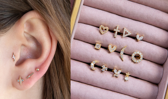 Image of an ear with various peircing and a range of cartilage piercings