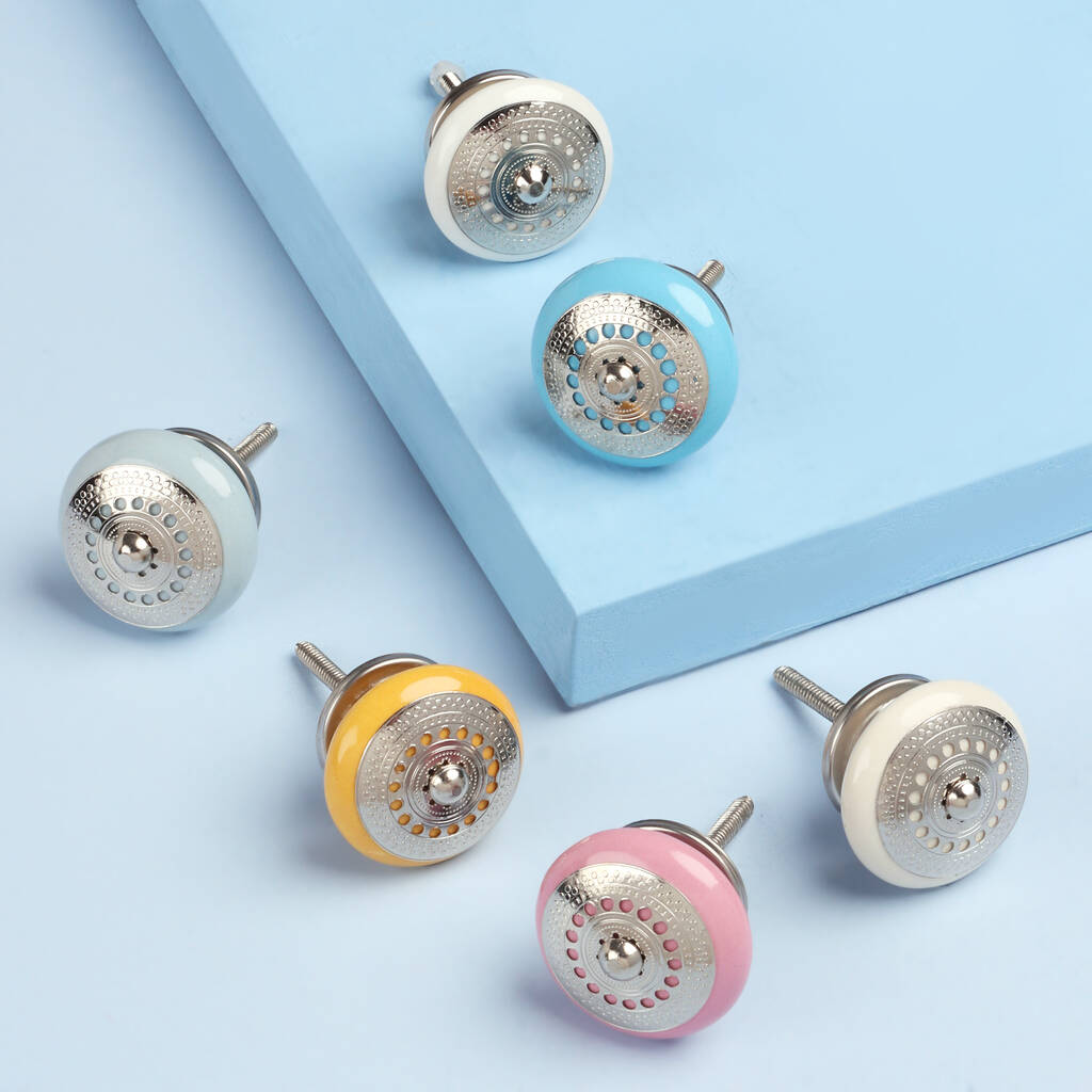Silver Applique Round Ceramic Door Knobs Handles